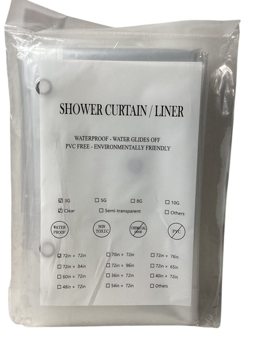Shower Curtain Liner, 3G Lightweight, 12 Reinforced Metal Grommets, 72" x 72"